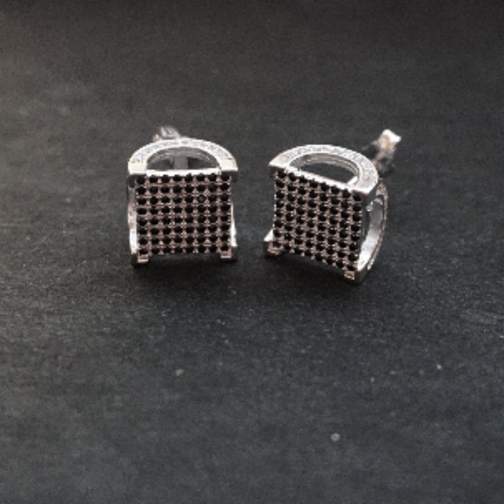 Silver Men's Black Front Draped CZ Stud Earrings